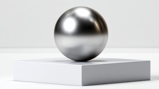 A silver ball is sitting on a white square