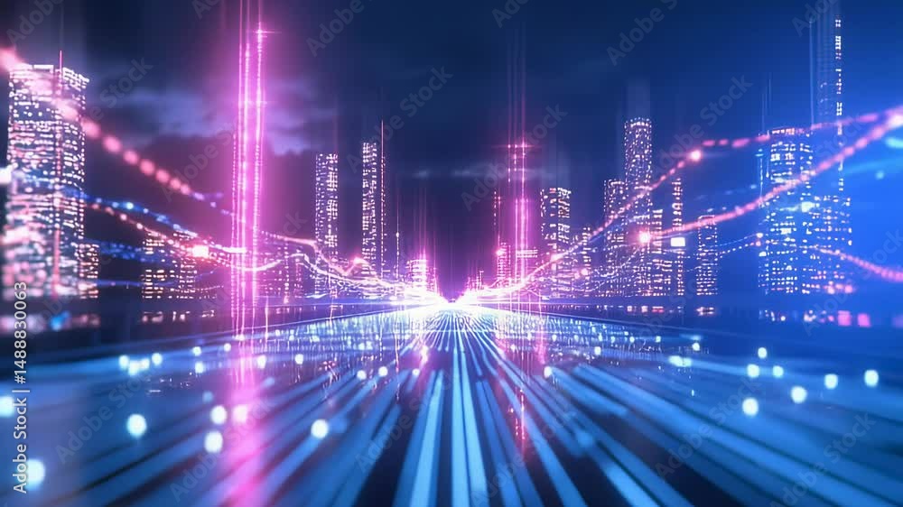 Poster futuristic city skyline with neon lights and data streams, creating a vibrant and dynamic digital ci