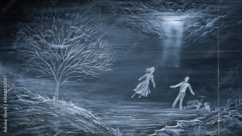 Poster a painting of two people running in the snow with a tree in the background