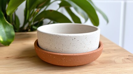 A white ceramic bowl with brown speckles sits on a terracotta saucer, placed on a wooden surface.