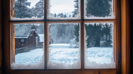 Winter scene viewed through a frosty windowpane.
