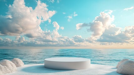 Podium for showcasing products on a tranquil beach, bright blue sky and light, abstract clouds in the background