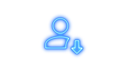Neon icon of a person with a downward arrow, symbolizing user download or profile update