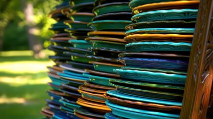 A collection of colorful plates stacked on top of each other.