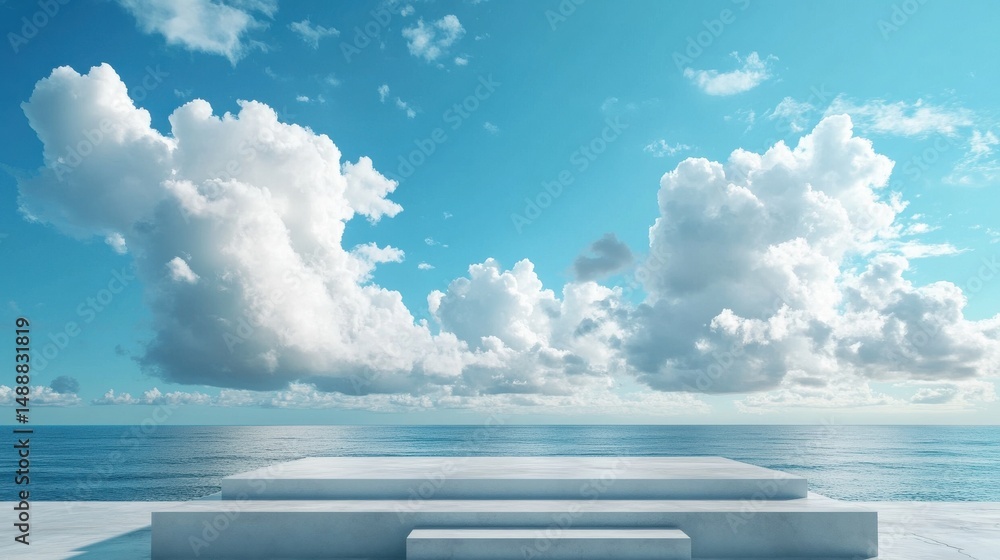 Poster podium with ample copy space for product display on a beach, blue sky with soft white clouds complet
