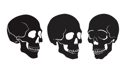 Skeleton silhouettes set, a large pack of vector silhouette designs, skull icon. Black silhouette of a cracked Vintage human skull. Vector illustration isolated on a white background 