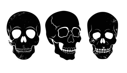 Skeleton silhouettes set, a large pack of vector silhouette designs, skull icon. Black silhouette of a cracked Vintage human skull. Vector illustration isolated on a white background 