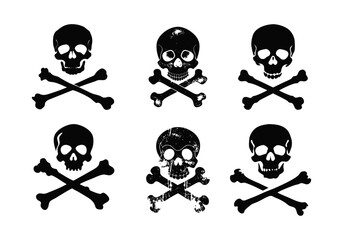 A set of classic skull and crossbones symbol silhouettes, isolated on a white background, traditional Halloween decorative element. Halloween silhouette black skull logo or icon