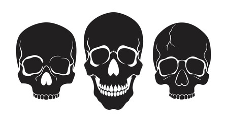 Skeleton silhouettes set, a large pack of vector silhouette designs, skull icon. Black silhouette of a cracked Vintage human skull. Vector illustration isolated on a white background 