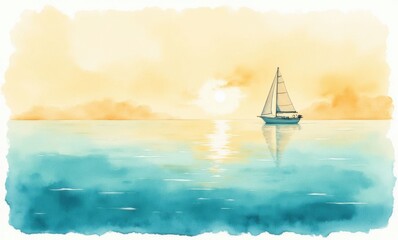 A serene sunset scene featuring a sailboat gliding across tranquil waters.