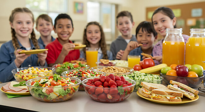Uma mesa de lanche escolar cheia de op&ccedil;&otilde;es saud&aacute;veis e coloridas, como frutas, sandu&iacute;ches e sucos, com crian&ccedil;as felizes compartilhando e conversando ao fundo