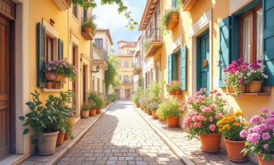 Charming street with vibrant flowers, sunny ambiance, and colorful buildings in a peaceful setting.