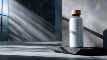 A bottle of water sits on a stone ledge in a room with a window
