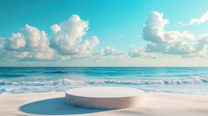 Podium with copy space for product display on a beach, bright blue sky with soft white clouds forming a serene backdrop