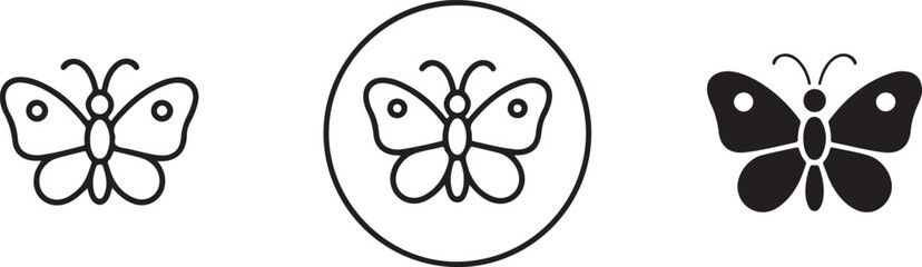 Three Butterfly Icons Line Art and Solid Black