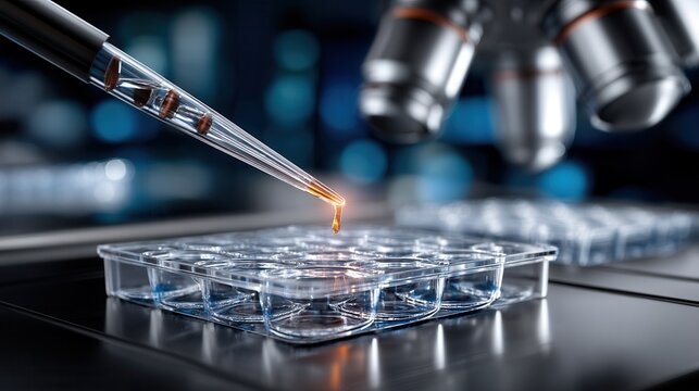 A microscope is being used to examine a sample of cells