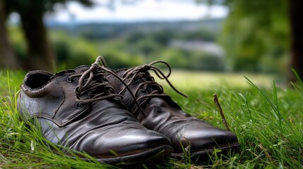Two old shoes are laying on the grass