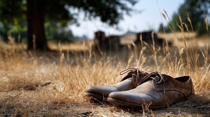 Two old shoes are laying on the ground in a field