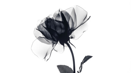 Xray transparent isolated Rose flower PNG. Floral bloom with leaf and stem. Vintage watercolor design for wedding cards, invitations. Spring or summer close-up photo. Elegant minimalist radiography