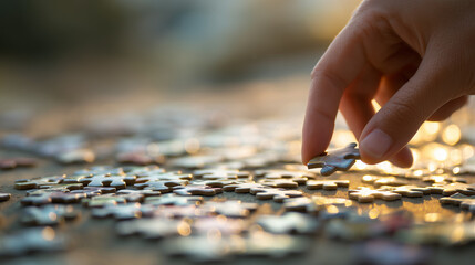 Human hand placing the last puzzle piece on a nearly completed puzzle