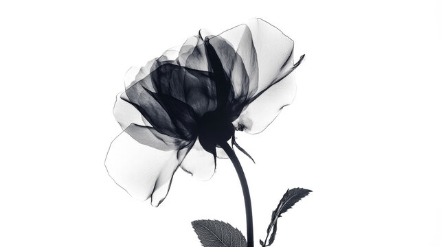 Xray transparent isolated Rose flower PNG. Floral bloom with leaf and stem. Vintage watercolor design for wedding cards, invitations. Spring or summer close-up photo. Elegant minimalist radiography