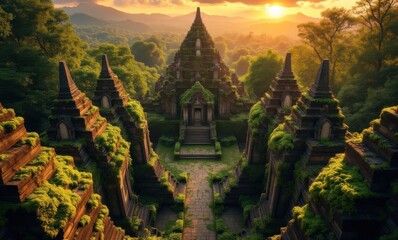 Breathtaking sunset over ancient temple ruins, showcasing lush greenery and intricate stonework.