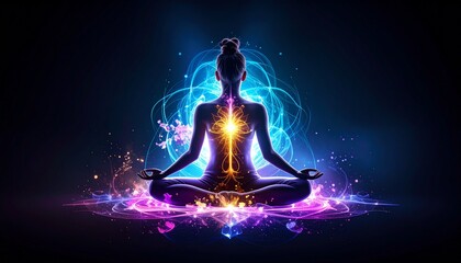 Meditative Silhouette with Vivid Light and Energy Flow Representing Mindfulness and Inner Peace in a Dark Background