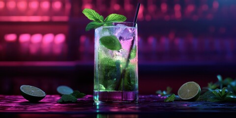 Refreshing mint mojito served in a vibrant bar setting with colorful lighting and fresh ingredients on the counter