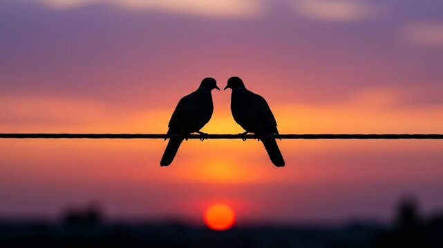 Silhouette of two doves facing each other on a wire, their beaks forming a heart shape, against a vibrant sunset sky with soft bokeh. &ndash; 4K Romantic Nature Video