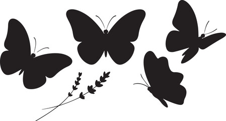 Silhouette of Three Butterflies and Lavender Sprig