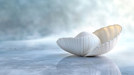 Close-up of a white shell resting on a reflective surface with a cloudy background.