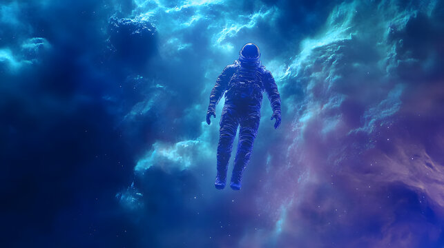 Astronaut floating in space appears as a hologram with glitch effect, ultra wide angle, outer space, loneliness, sci-fi, realism