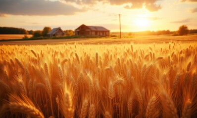Golden wheat field at sunset with rustic houses in the background.