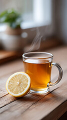 Morning ritual with amber tea and fresh sliced lemon in glass by window