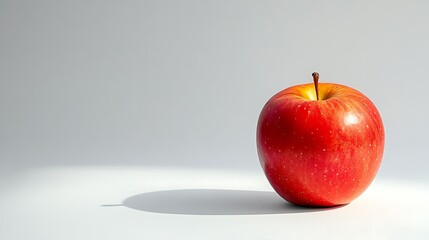 A vibrant, round apple with smooth red skin and a short brown stem, brightly lit.