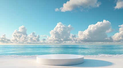Product display podium set against a beach with blue sky and soft white clouds in the background 