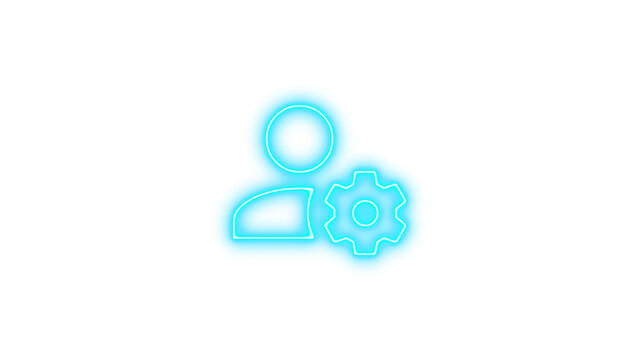 Glowing neon icon of a person with a gear symbol, representing user settings or customization