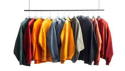 Colorful sweatshirts hanging on rack fashion apparel