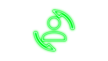 Neon icon of a person with two arrows circling around, symbolizing user interaction or refresh