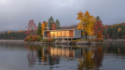 Obraz premium Modern house situated on a tranquil island surrounded by autumn foliage and misty lake reflections at dusk