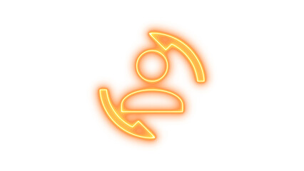 Neon icon of a person with two arrows circling around, symbolizing user interaction or refresh