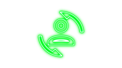 Neon icon of a person with two arrows circling around, symbolizing user interaction or refresh