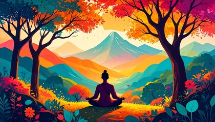 Serene Meditation in Colorful Autumn Landscape with Majestic Mountain and Vibrant Trees