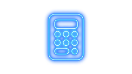 Glowing neon calculator icon on a dark background, featuring a rectangular shape with rounded corners and circular buttons