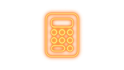 Glowing neon calculator icon on a dark background, featuring a rectangular shape with rounded corners and circular buttons