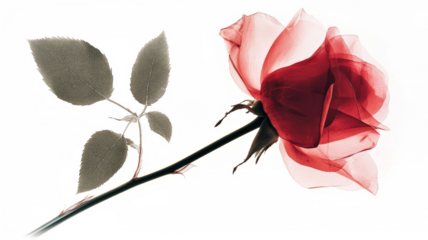 Xray transparent isolated Rose flower PNG. Floral bloom with leaf and stem. Vintage watercolor design for wedding cards, invitations. Spring or summer close-up photo. Elegant minimalist radiography