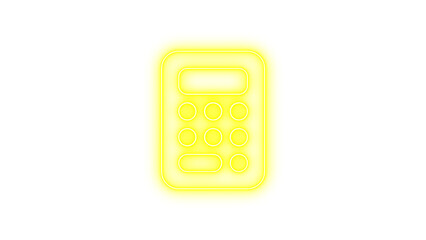Glowing neon calculator icon on a dark background, featuring a rectangular shape with rounded corners and circular buttons