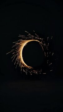 Cercle d&rsquo;&eacute;tincelles lumineuses en rotation sur fond noir, effet visuel dynamique et artistique

