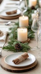 Elegant holiday table setting with evergreen and candle decor