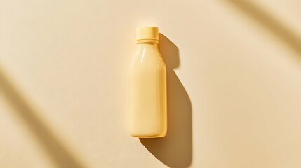 Minimalist composition featuring a pastel yellow bottle with delicate shadows